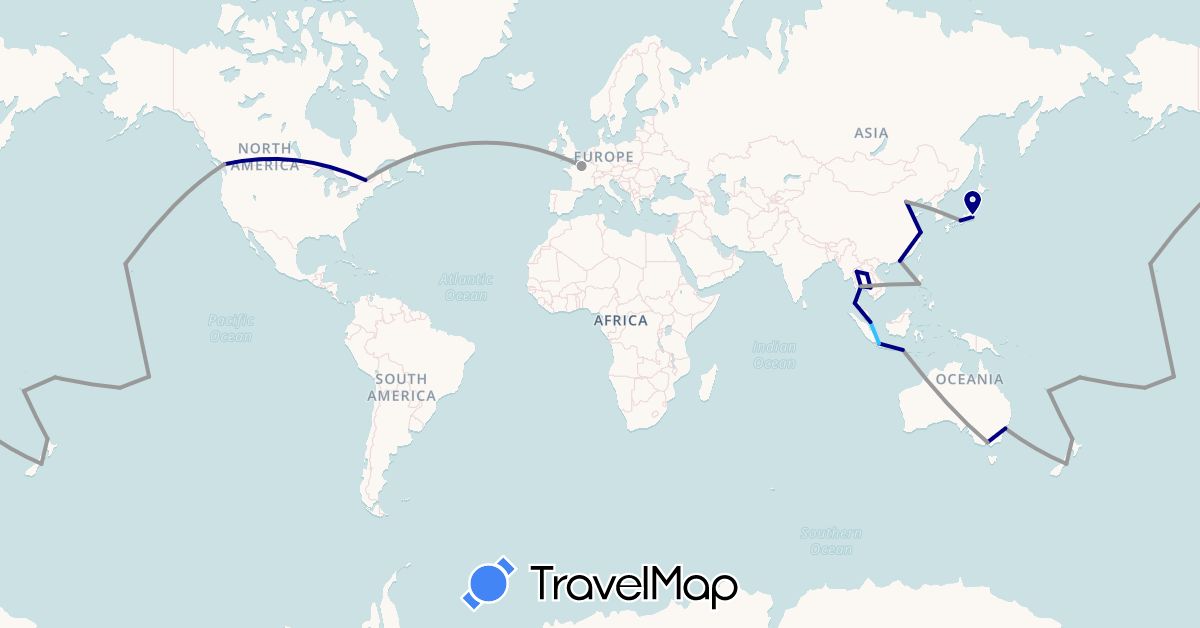 TravelMap itinerary: driving, plane, boat in Australia, Canada, Cook Islands, China, Fiji, France, Hong Kong, Indonesia, Japan, Cambodia, Laos, New Caledonia, New Zealand, French Polynesia, Philippines, Singapore, Thailand, United States (Asia, Europe, North America, Oceania)